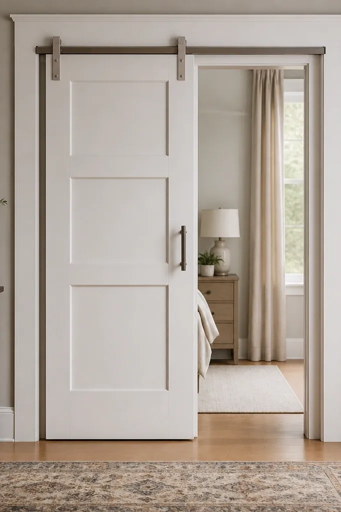 White shaker sliding door with brushed nickel hidden roller hardware