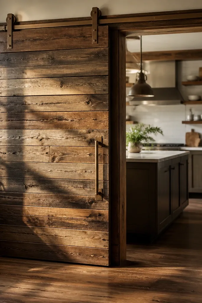 Reclaimed wood sliding door with warm bronze track and rustic trim