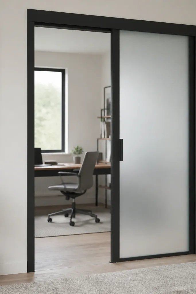 Door with frosted glass panels framed in matte black trim