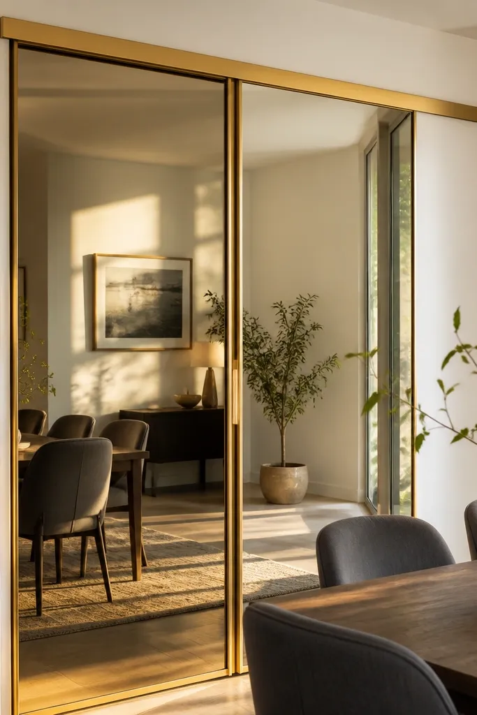 Mirrored sliding door with champagne gold rail and decorative stops