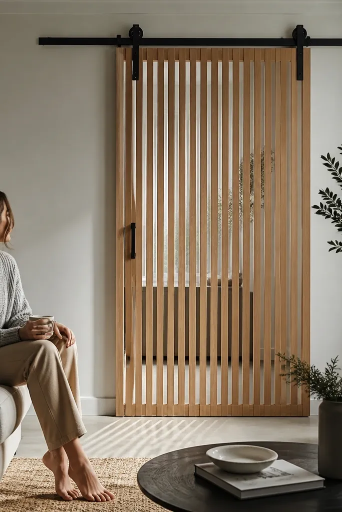 Vertical wood slat sliding door with clear finish and black track