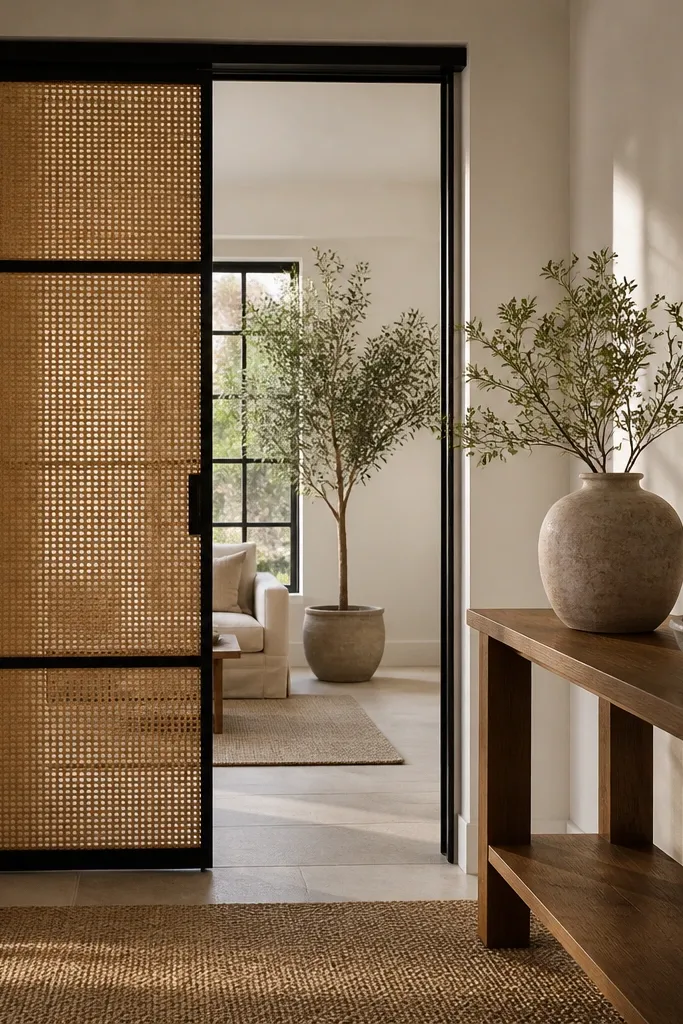 Rattan panel sliding door in a black steel frame
