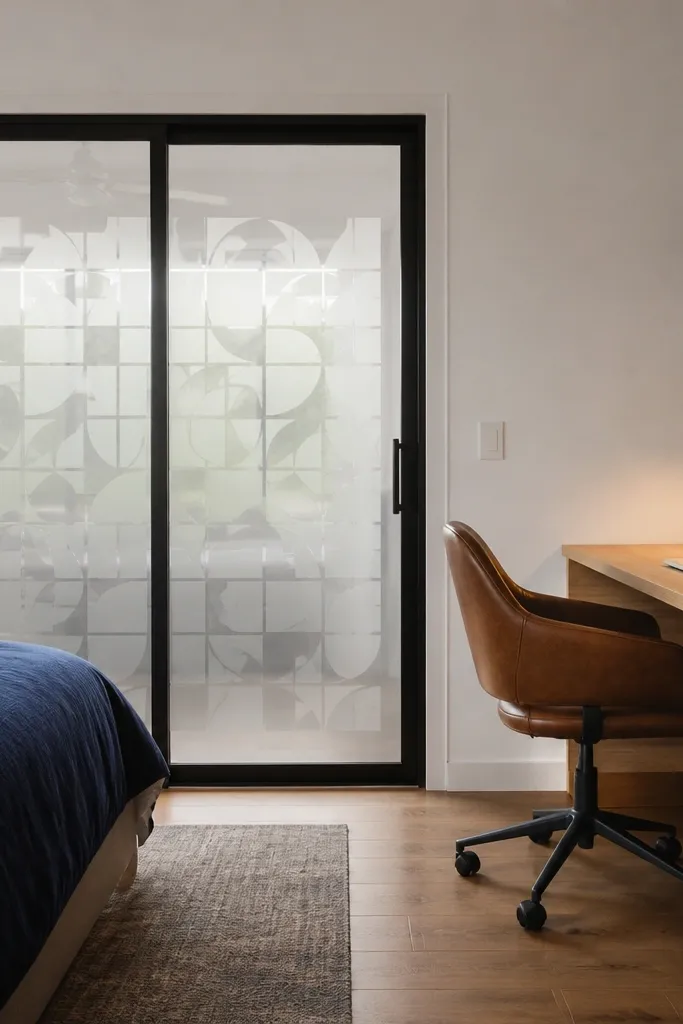 Glass sliding door with black frame and geometric privacy film