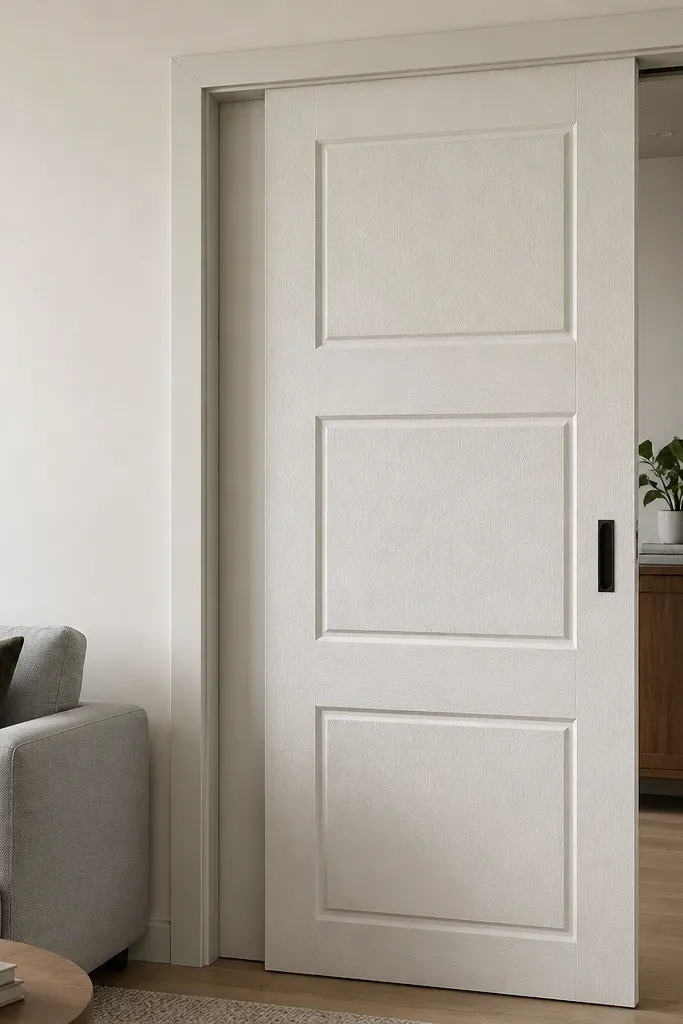 White textured sliding door with recessed panels and hidden track