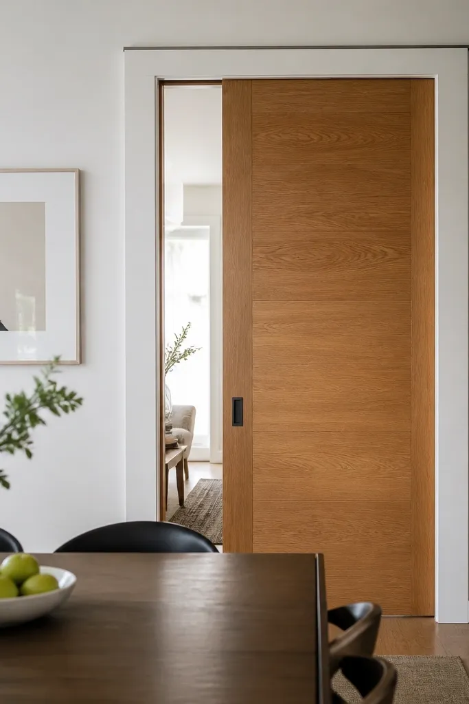 Sliding door with natural wood panels set in a white frame
