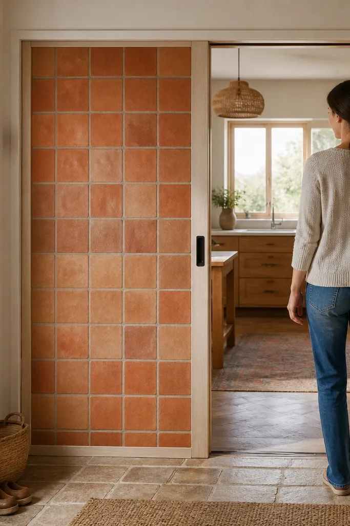 Sliding door with terracotta tile insert and matching frame trim