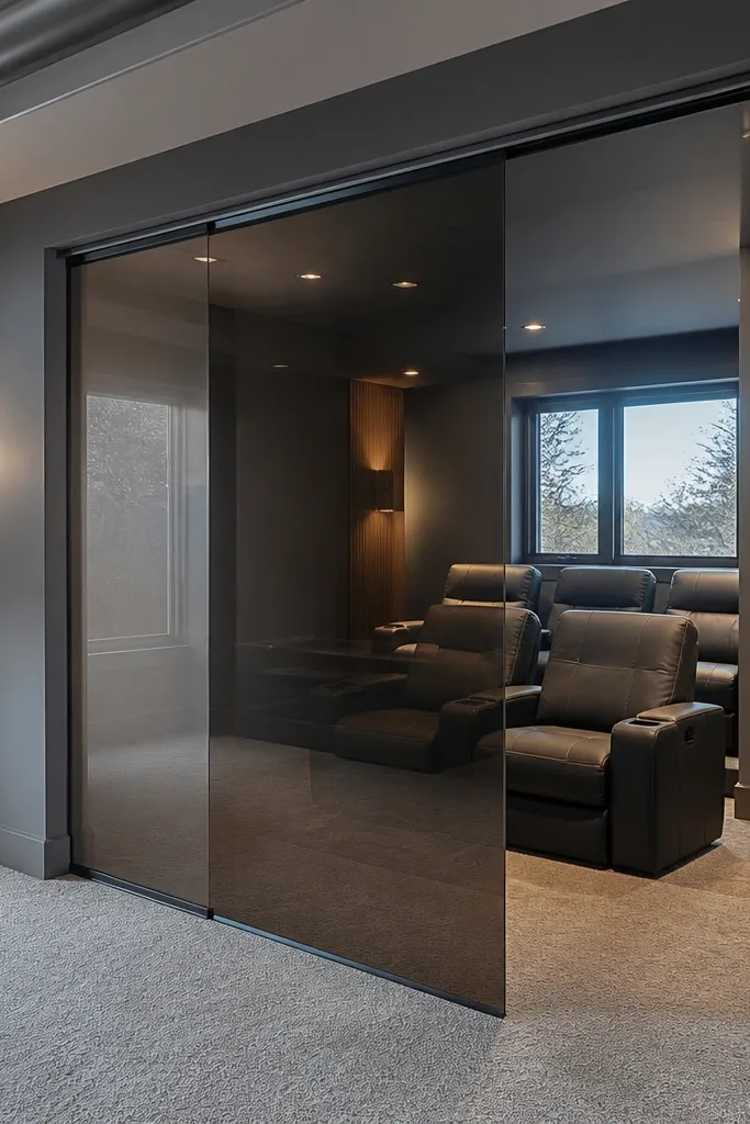 Clear acrylic sliding door with smoked tint film and black track