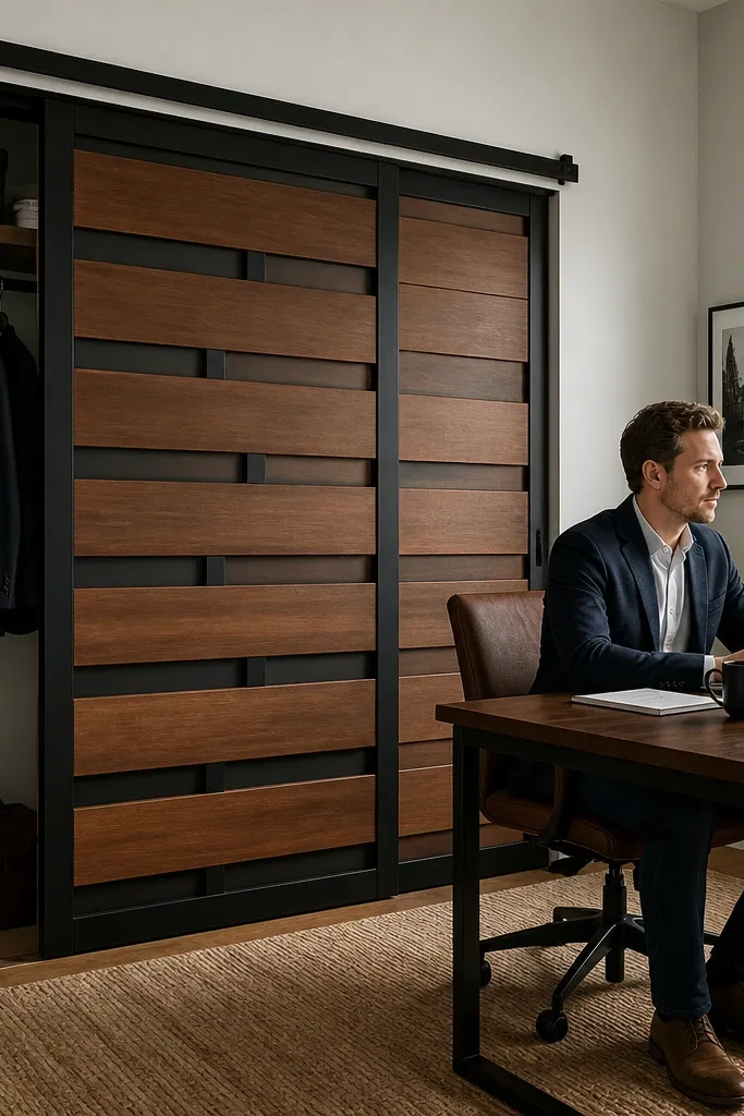 Walnut door with black horizontal slats and black track hardware