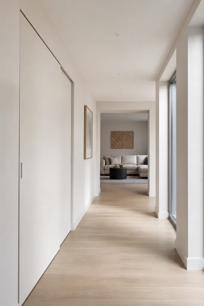 Sliding door with track hidden behind matching wall cover trim