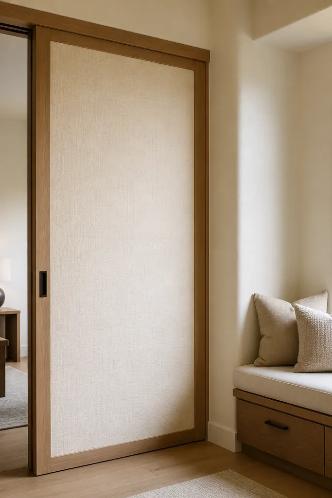 Linen fabric sliding door panel framed in white oak with subtle track