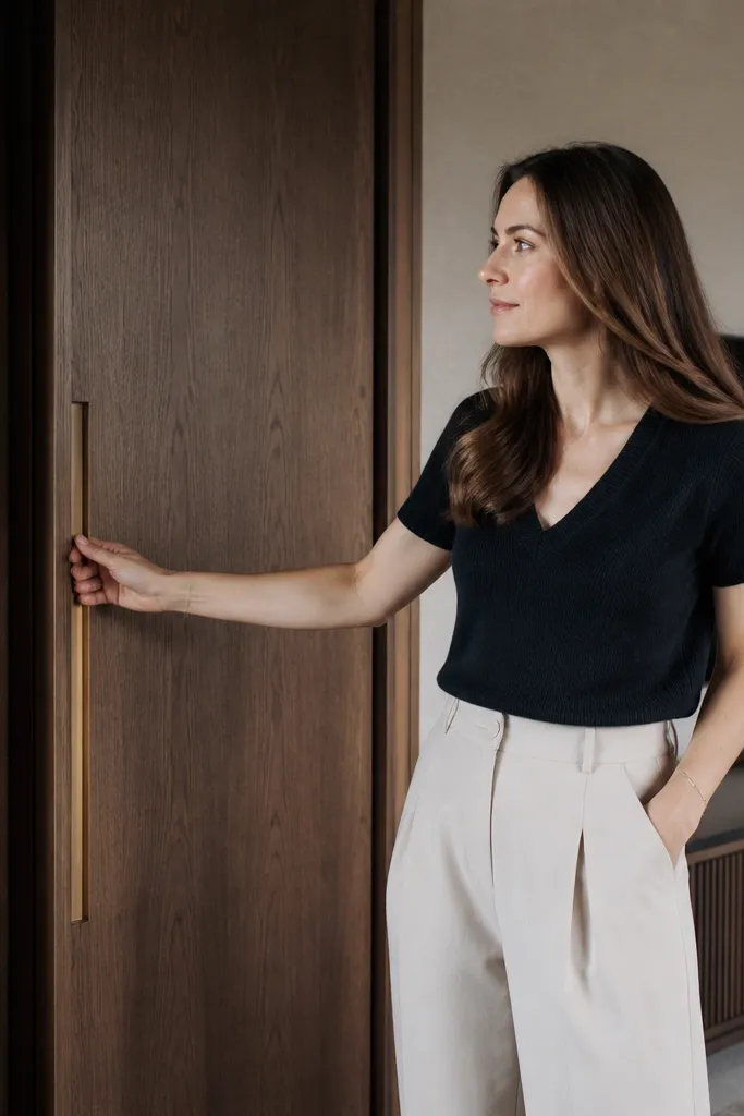 Smoked walnut sliding door with brass channel pulls and matching hardware