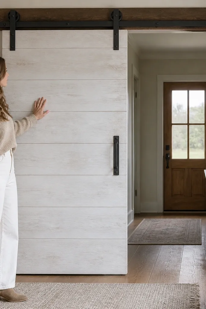 White limewash shiplap sliding door with brushed iron rail