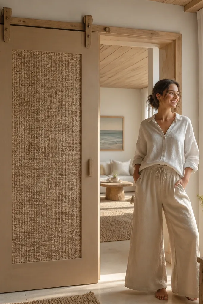 Matte sand sliding door with jute insert and natural wood roller accents