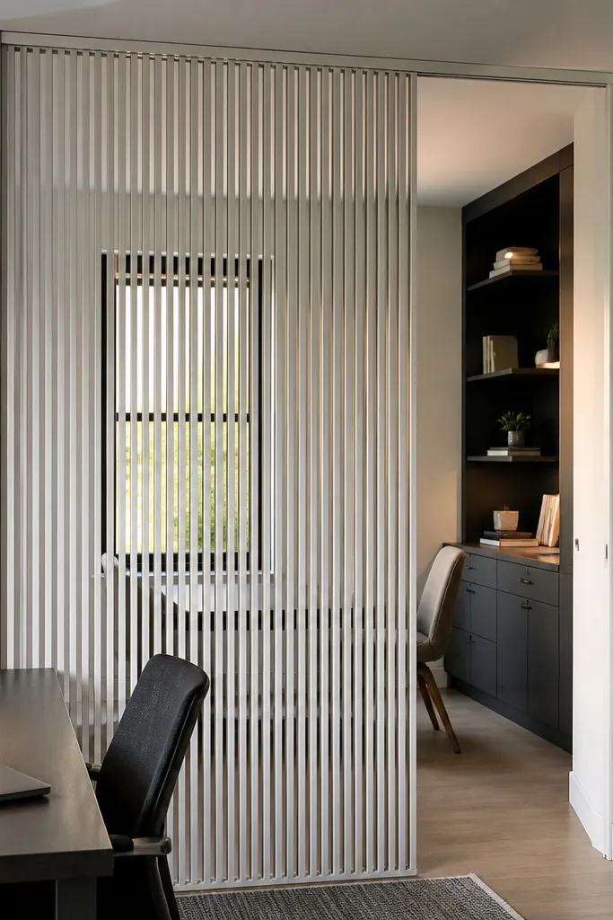 White metal slat sliding door with clear finish and minimal hardware