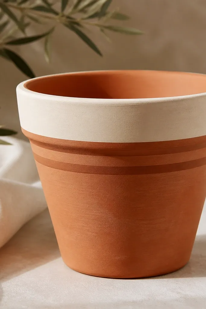 A terracotta pot with a thick cream-painted rim band and two darker terracotta-toned shadow stripes below it; the rest of the pot stays natural with faint brushed texture.