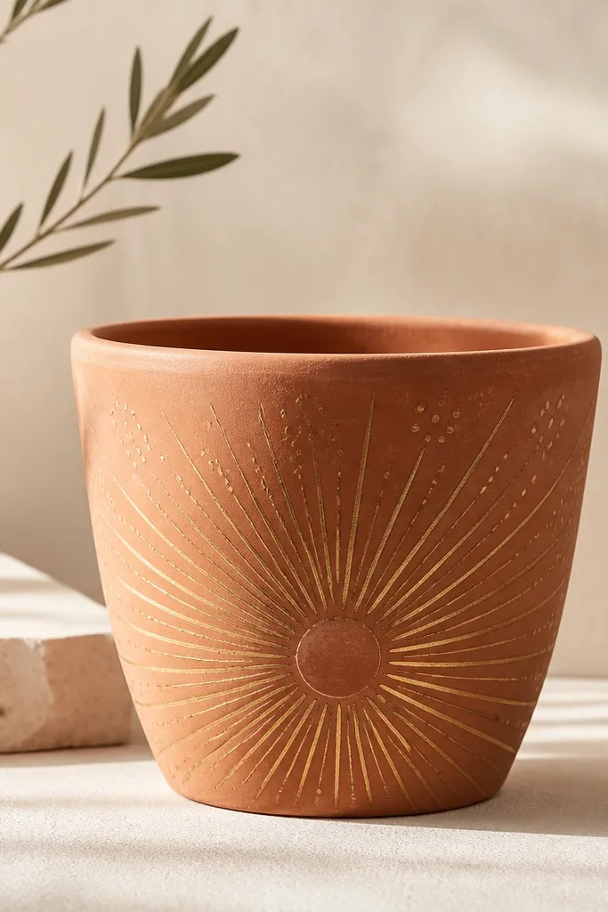 A terracotta pot left mostly natural with an antique gold sunburst pattern radiating from the center, plus small dot clusters near the rays.