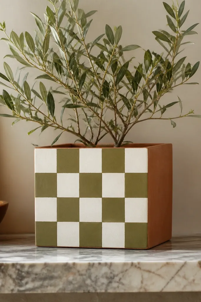 A pot painted in alternating olive and white squares on the front-facing panel, with the sides left a natural terracotta tone.