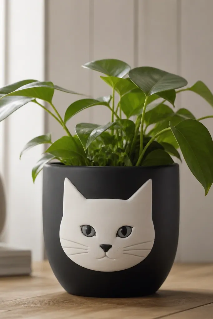 A matte black pot with a white cat face centered on the front, featuring triangular ears, a small nose, and slightly smoky gray eyes.