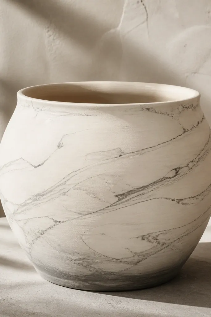 A cream-painted terracotta pot with thin gray veining lines and a few soft swirls, like a marble countertop, with a darker gray shadow near the base.