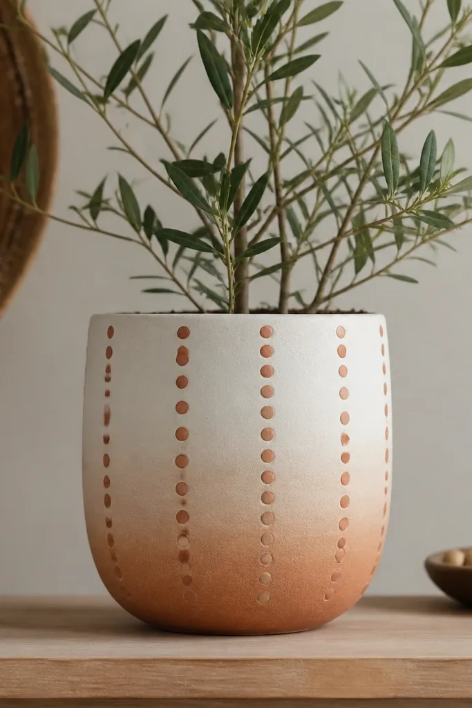 A pot painted white on top fading into terracotta tones at the bottom, with vertical columns of dots in terracotta, rust, and muted peach.