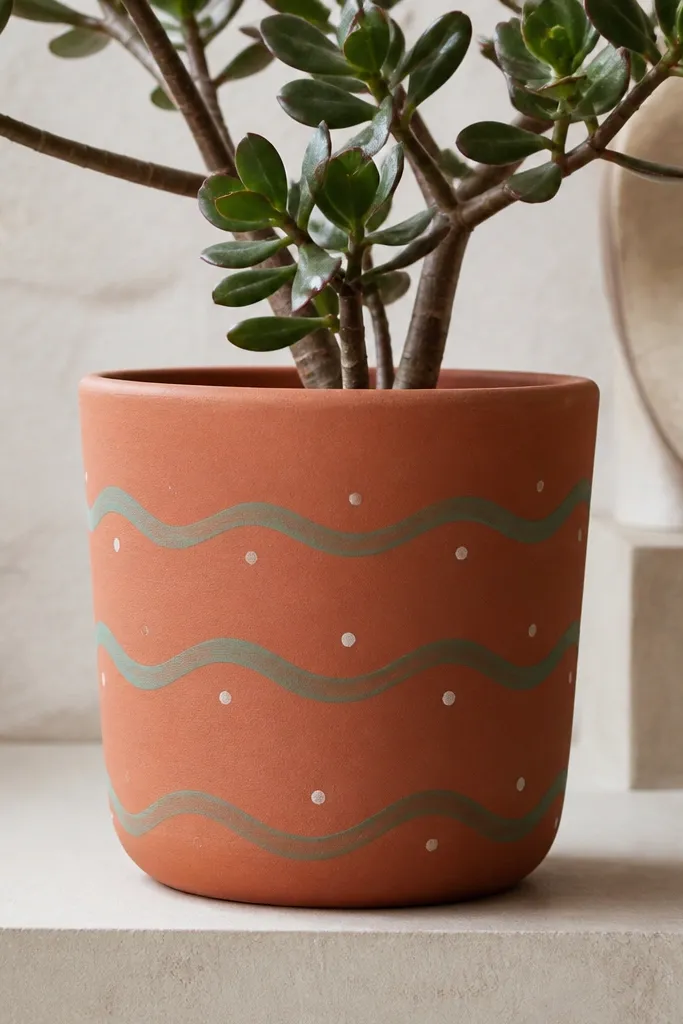 A natural terracotta pot with three horizontal wavy sage lines wrapping around it, plus tiny cream dots between waves.