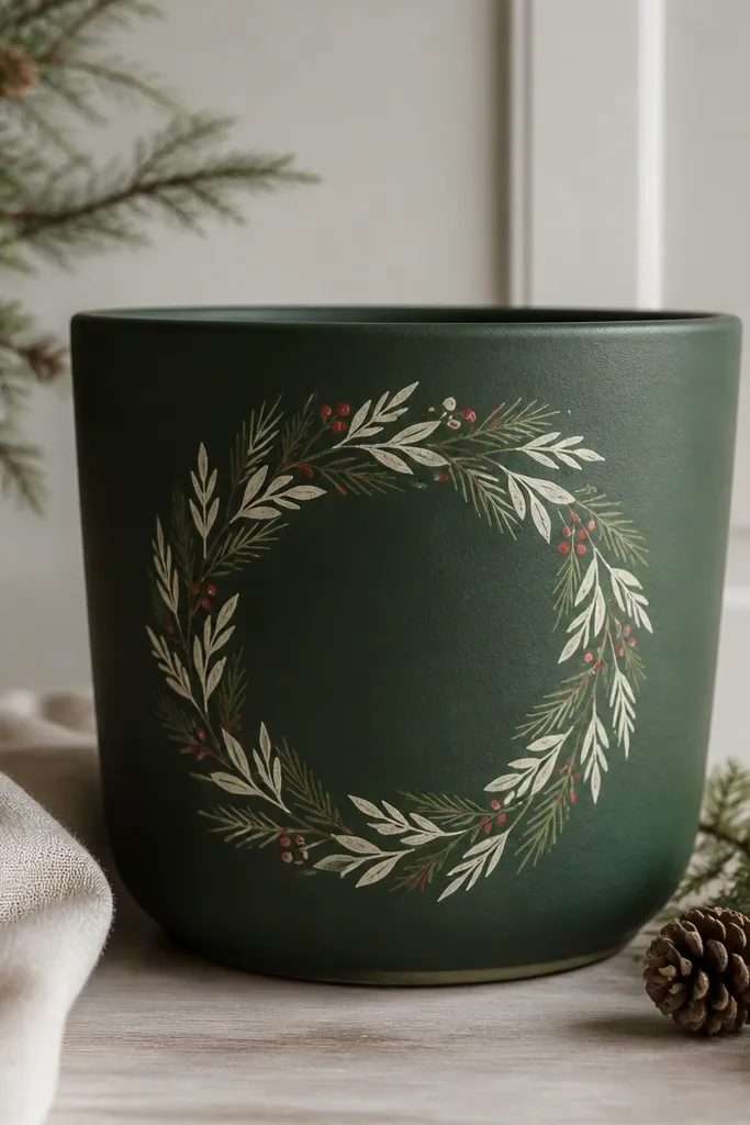 A deep forest green pot with a cream wreath ring painted around the center, pine needle strokes inside the ring, and tiny red berry dots.