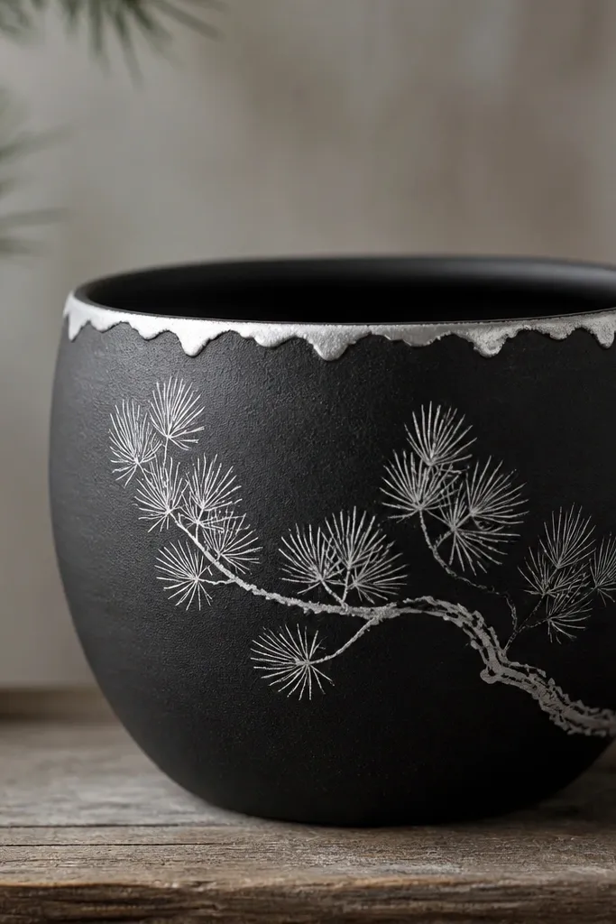 A deep charcoal pot with a white pine branch silhouette on one side and a thin silver snow line at the top edge.