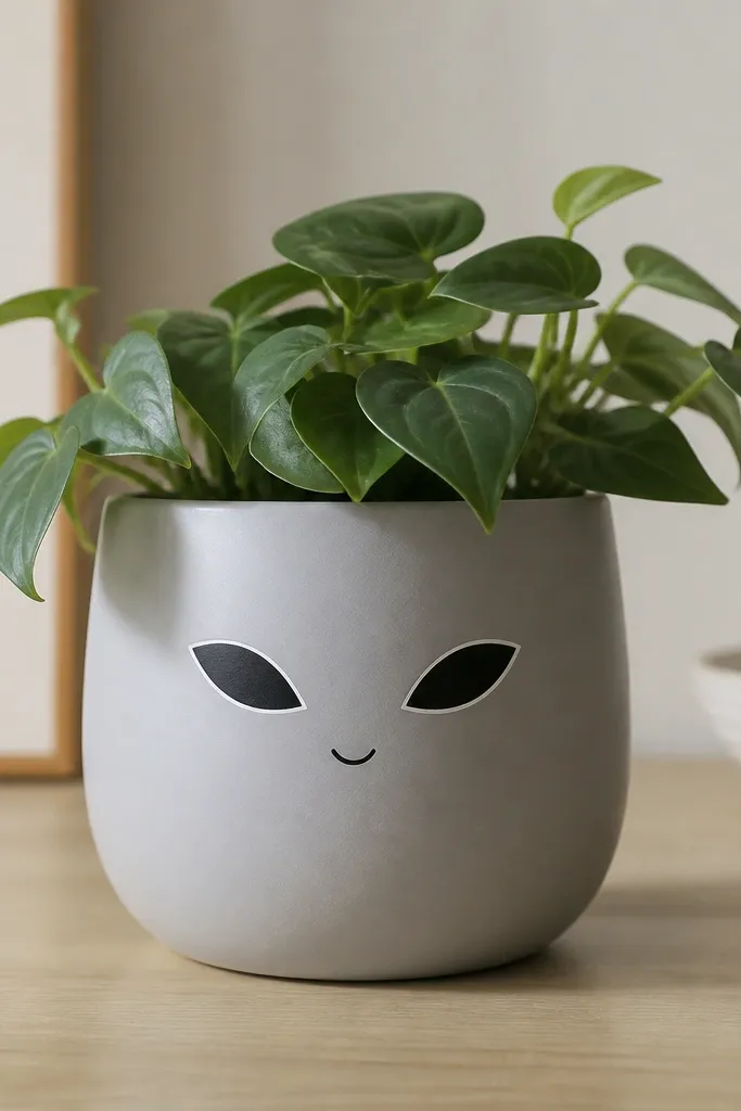 A pale gray pot with two narrow black cat eyes painted above a tiny curved smile, with a thin white highlight line around the eyes.