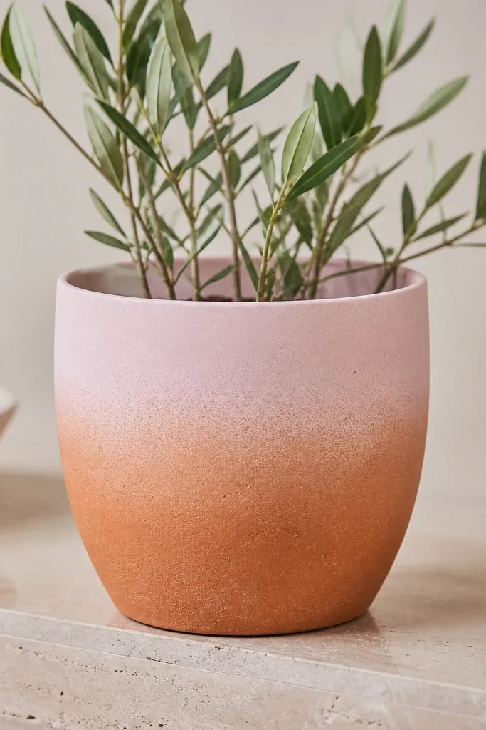 A pot with natural terracotta bottom half and a blush pink ombre gradient on the top half, fading into the natural color.