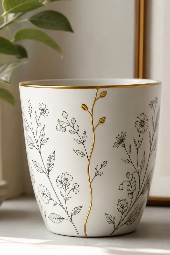 A white-painted pot with thin black botanical line drawings and a narrow gold outline tracing the rim and a vertical vine.