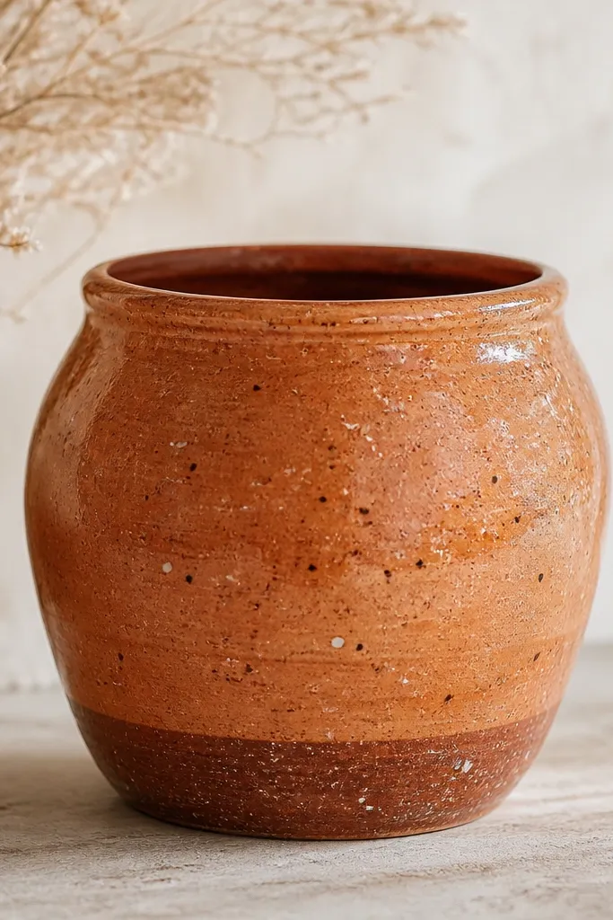 A pot painted in translucent terracotta glaze layers with fine white and dark brown speckles, plus a slightly darker band near the base.