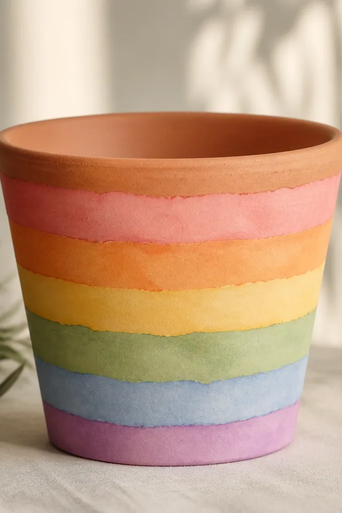A natural terracotta pot with pastel rainbow stripes wrapped around it; the stripes have slightly ragged edges like a watercolor wash.