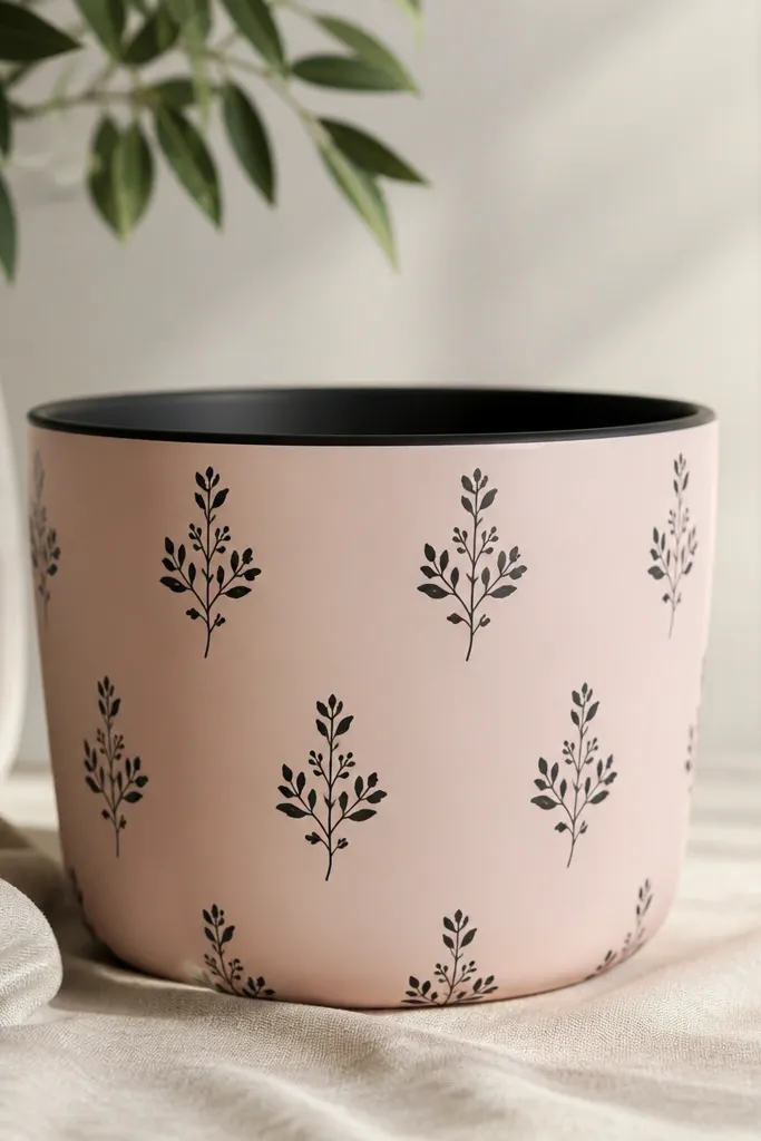 A blush pink pot with repeating small black floral sprigs spaced evenly around the sides, and a matte black rim.
