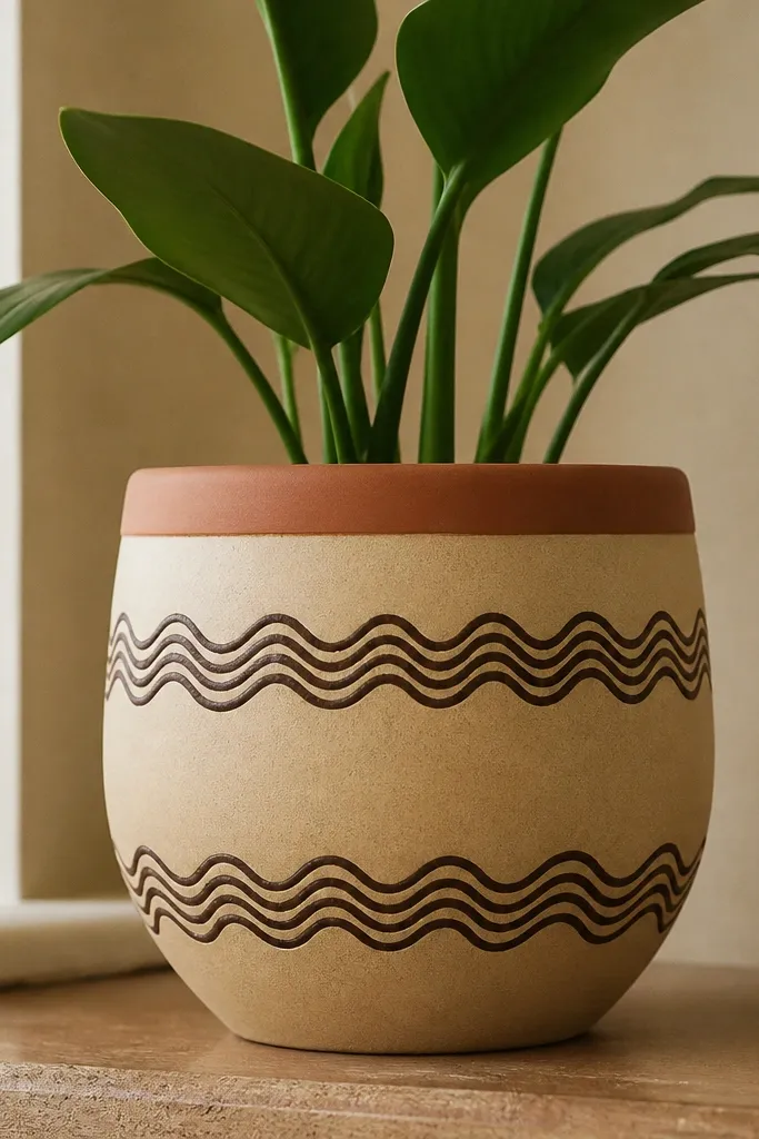 A pot painted sand color with wavy lines in chocolate brown, stacked in two bands, and a terracotta-toned rim.