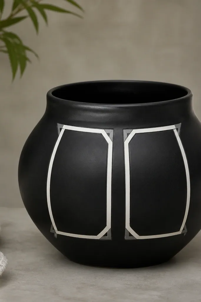 A black pot with two white rectangular frames on the front, plus thin gray lines forming small corner triangles.
