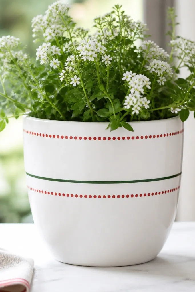 A white pot with red mini-dot border rings near the top and middle, plus a single thin green stripe.