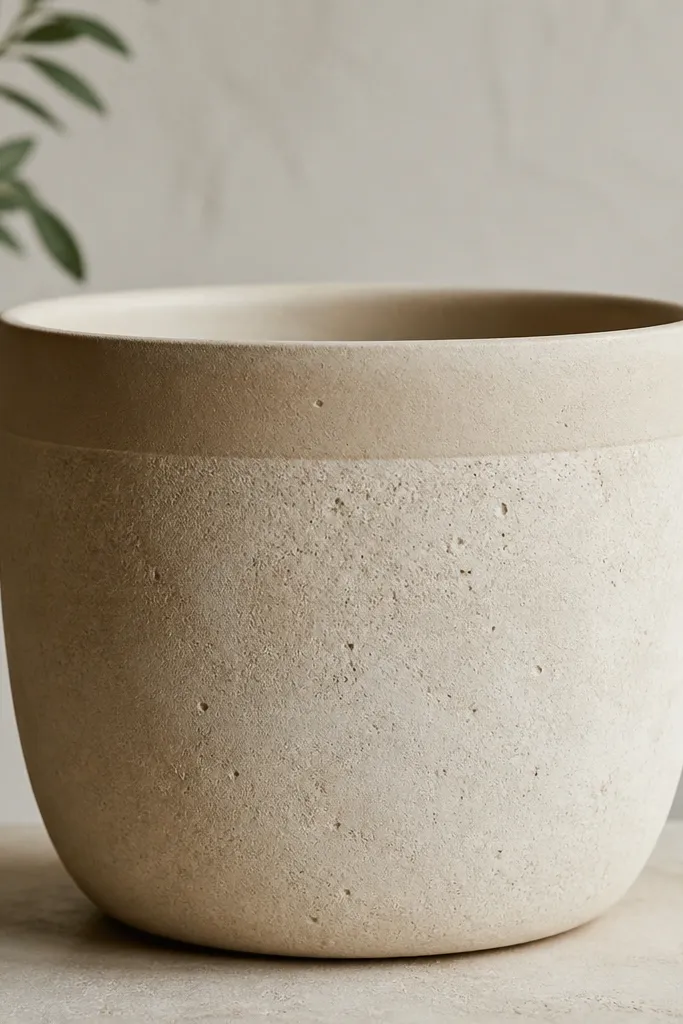A cream pot with subtle texture - uneven sponge marks - and a slightly darker cream band near the top, with no obvious pattern.