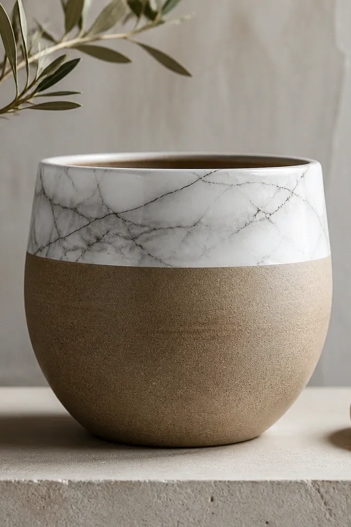A pot with a natural body and a white-gray marble pattern band across the top third, with thin black veining.