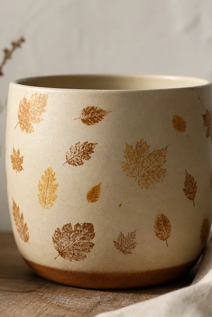 A cream pot covered with scattered leaf stamps in ochre and burnt umber, with a slightly darker ring near the base.