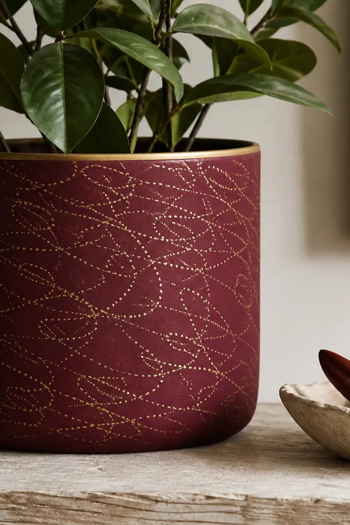 A burgundy pot with small gold dot lines that look like cursive strokes, plus a thin gold rim.