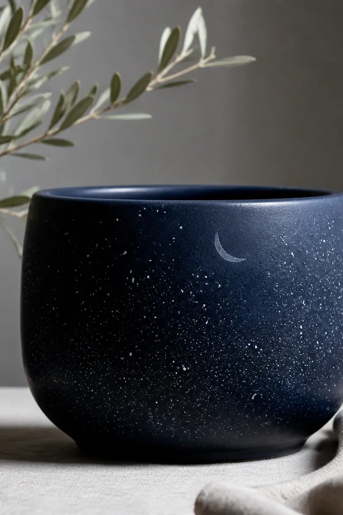 A deep navy pot with tiny silver-white speckles across the front, plus a faint crescent in lighter blue near the top.