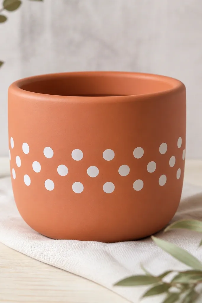 A pot painted in a smooth terracotta tone with a centered band of white polka dots created by masking, plus clean negative space between dots.