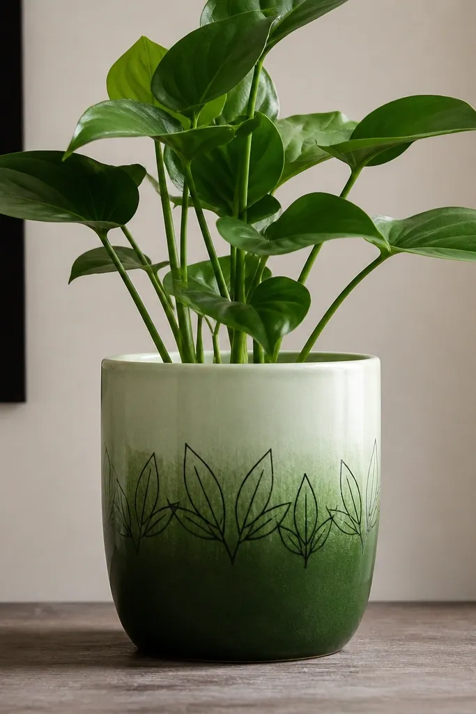 A pot transitioning from pale green at the top to deep moss green at the bottom, with black outlined leaf shapes around the middle.