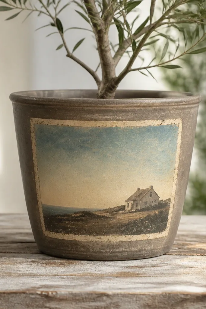 A pot with a single front panel painted like a vintage postcard: muted sky gradient, a small house silhouette, and a worn cream border.