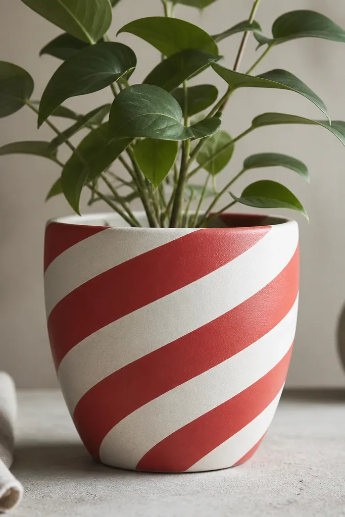 A pot painted with a spiral candy swirl using white and red, with a matte clear topcoat; swirl lines wrap upward around the pot.