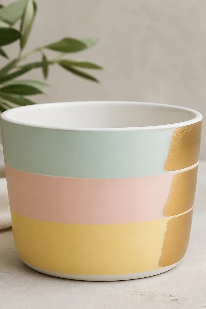 A pot with pastel horizontal stripes (mint, blush, pale yellow) and gold-painted tips at the ends of each stripe, with a clean white rim.