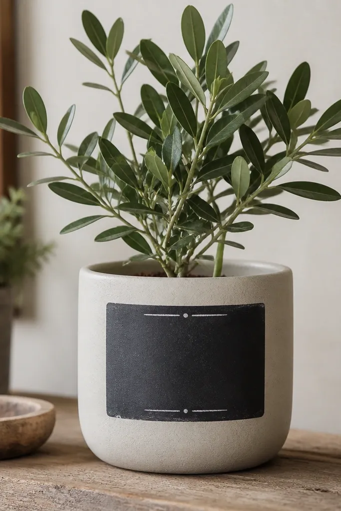 A pot with a rectangular black label panel on the front, surrounded by a neutral beige body, with white chalk-like writing and small underline dots.