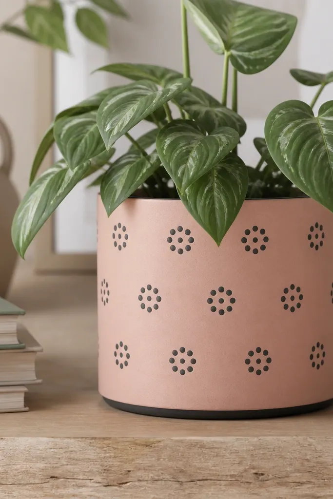 A blush pink pot with neat charcoal dot clusters arranged in rows, plus a thin charcoal ring at the base.