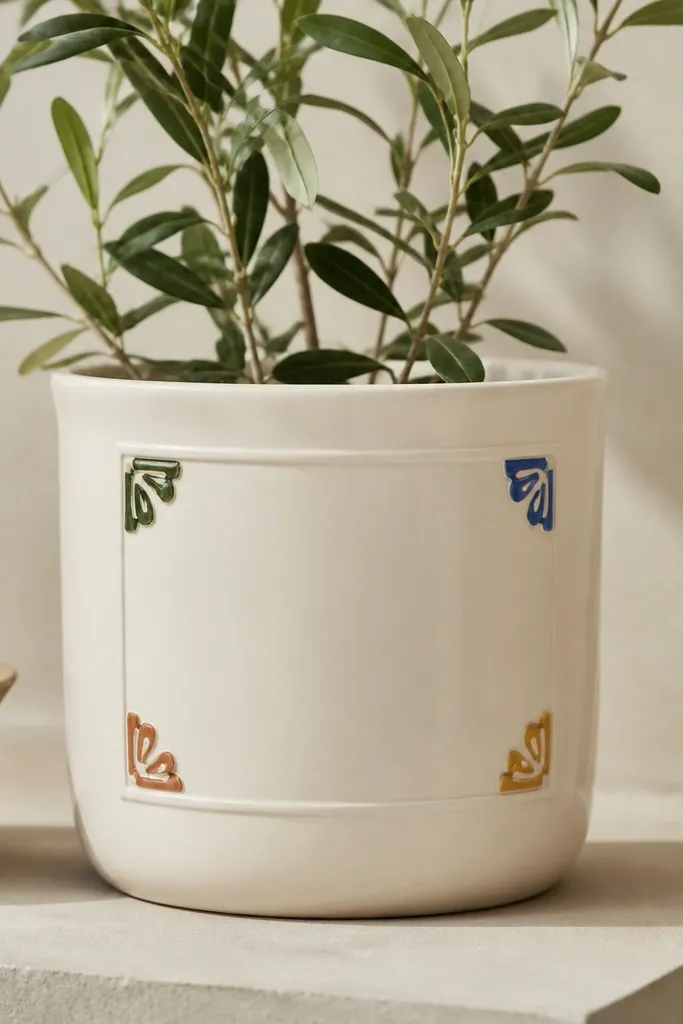 A pot painted off-white with small colored corner tiles at each corner of a front rectangle, like a tile design.