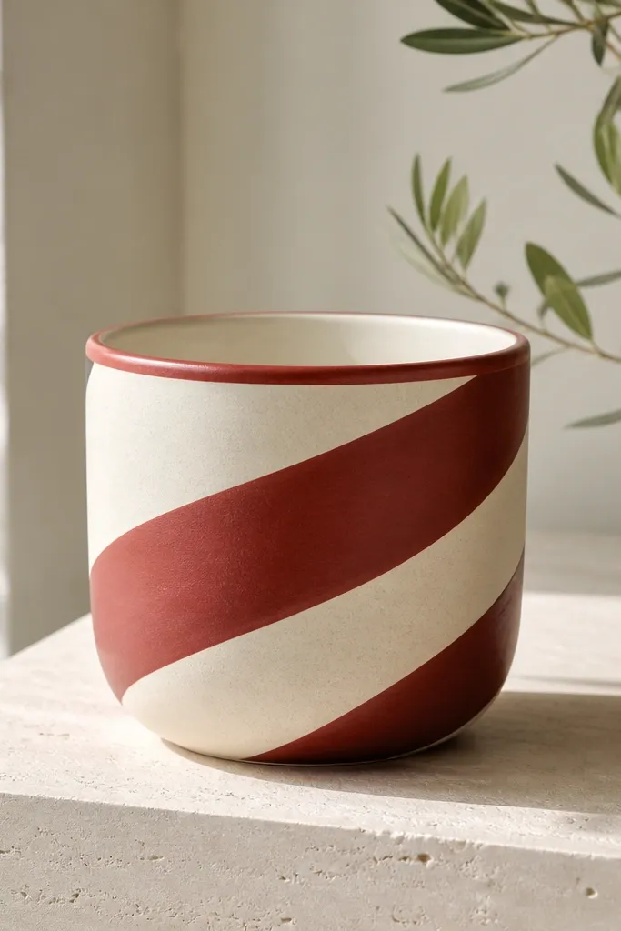 A pot with a cream base and a red spiral twist stripe wrapping around the pot, with a small red rim band.